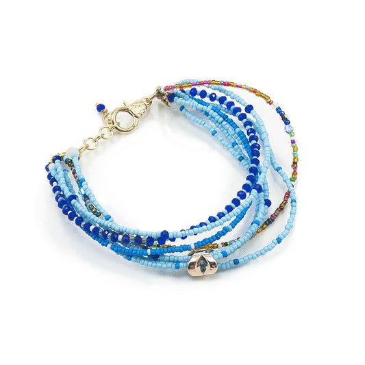 Bracciale SOPHIA .004 rocailles azzurre e multicolori, cristalli azzurri.