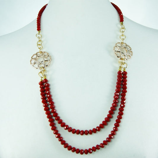 Collana I ROSSI .003, mezzi cristalli rossi, resina oro e maglie alluminio dorato.