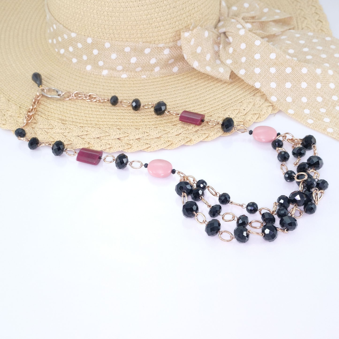 Collana GARBO il vintage .019 cristalli neri, tondi rosa e tozzetti amaranto,