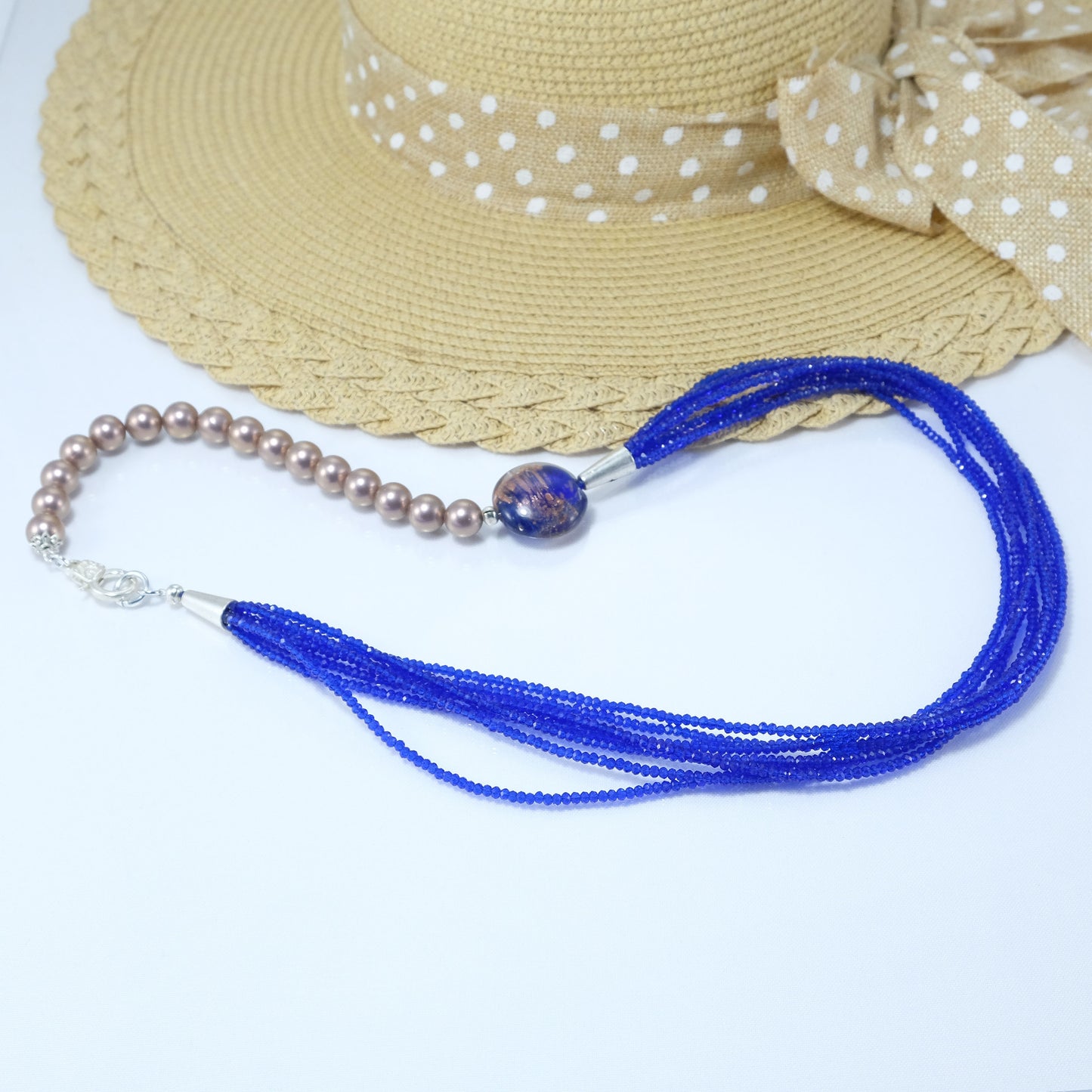 Collana ZELDA .010 matinè cristalli blu e perle rosa antico  tondo murano.