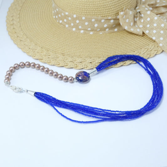 Collana CRISTALLI .006 matinè cristalli blu e perle rosa antico  tondo murano.