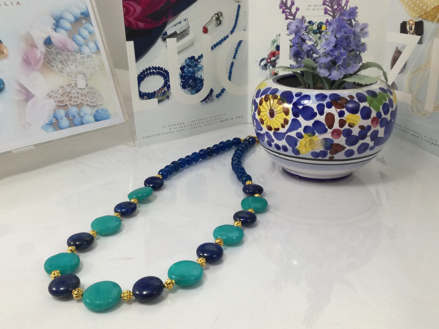 Collana LE PIETRE .058 filo di amazzonite, lapislazzulo, quarzo e metallo dorato