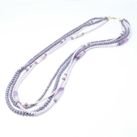 Collana I CRISTALLI .033,  quattro fili cristalli colore viola e lavanda,  agata viola e farfalla