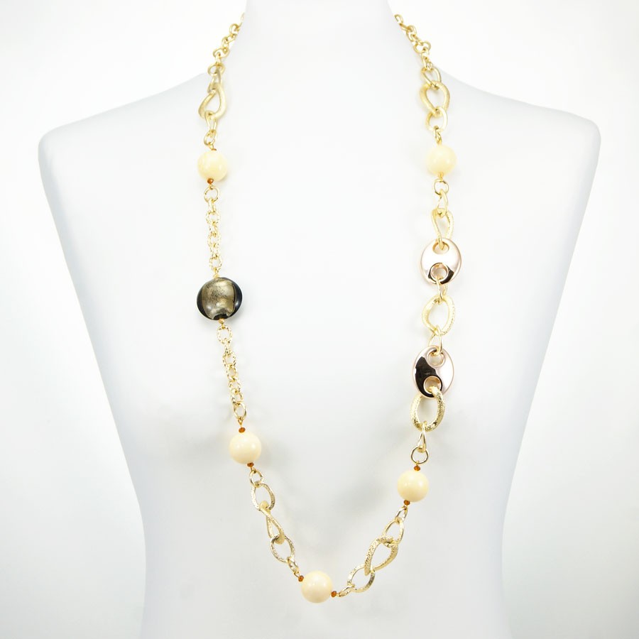 Collana ZELDA .006, lunga, maglie dorate, perle avorio sintetico, cristallo.