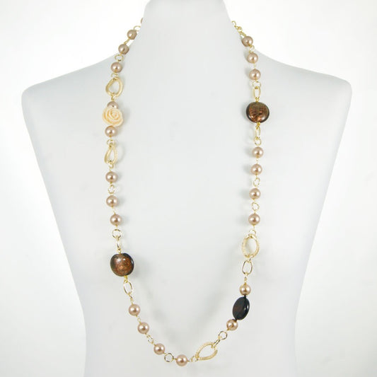 Collana ZELDA .007, lunga, perle cipria, ovali murrina color bronzo e quarzo